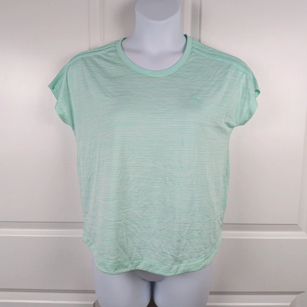 Adidas Climalite Mint Green Striped Short Sleeve Athletic Top Womens Medium